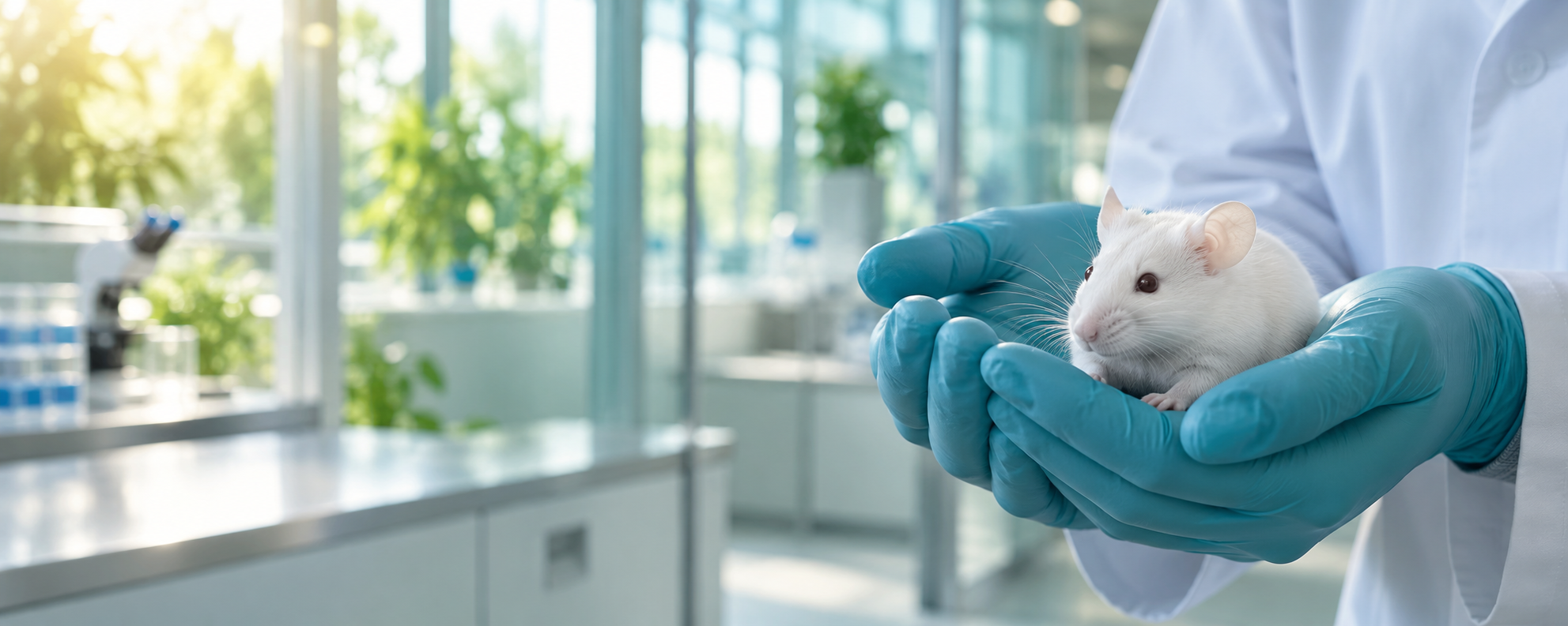 A laboratory animal professional gently holding a mouse in a modern research facility